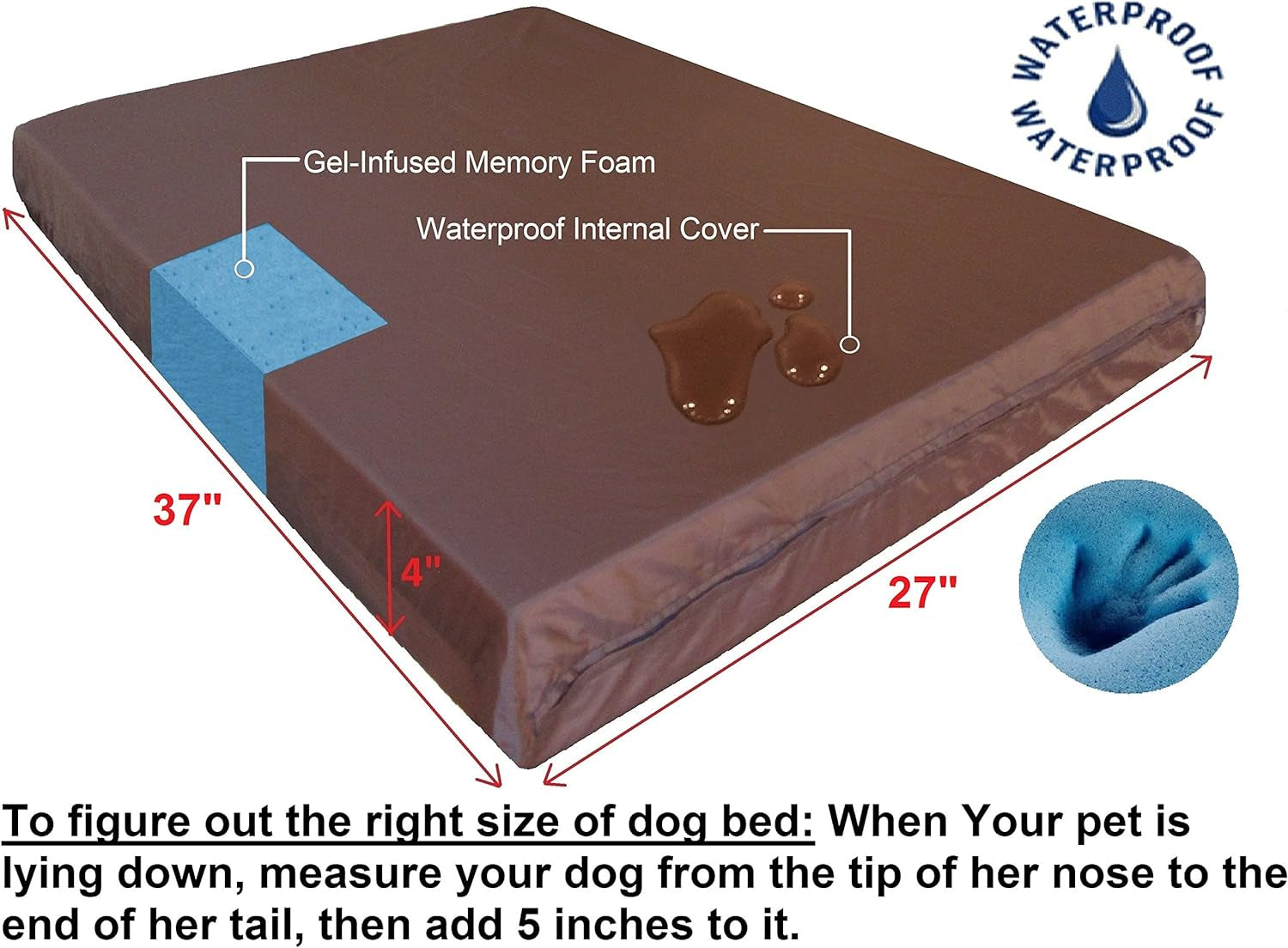 Orthopedic Memory Foam Dog Bed for Medium Dogs with Washable Denim Cover, Waterproof Liner and Extra Pet Bed Case, 37X27X4 Inch, Brown