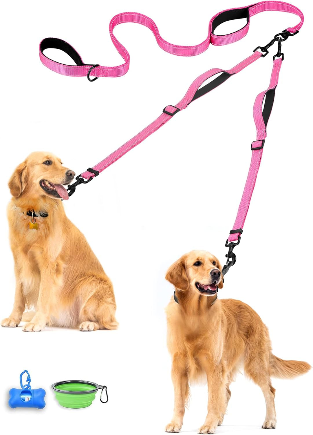 Double Dog Leash, No Tangle Dual Leash, Reflective Walking Training Lead, 4 Comfortable Padded Handles for 2 Dogs with Collapsible Bowl and Waste Bags (Pink, Large)