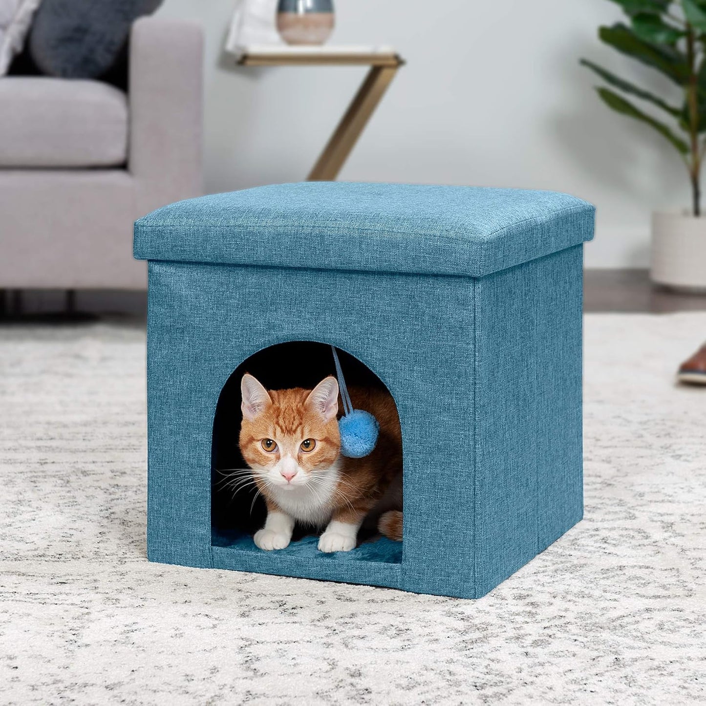 Pet House for Indoor Cats & Small Dogs, Collapsible & Foldable W/ Plush Ball Toy - Living Room Footstool Cat Condo - Ocean Blue, Small