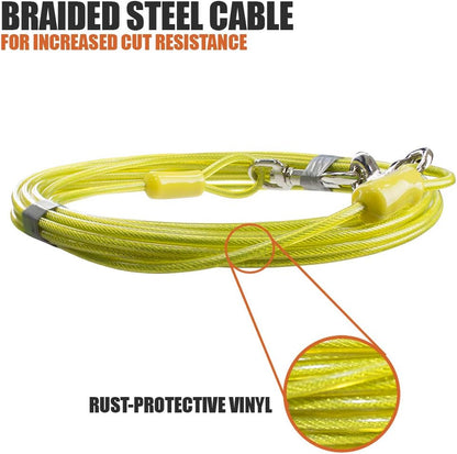 Dog Tie Out Cable 15 Feet - Heavy Duty Dog Lead up to 35 Pounds - Reflective & Rust-Free with Quick Release Swivel Clips & 360° Rotating Clasp - Tangle-Free Dogs Runner for Yard (Yellow, Single)