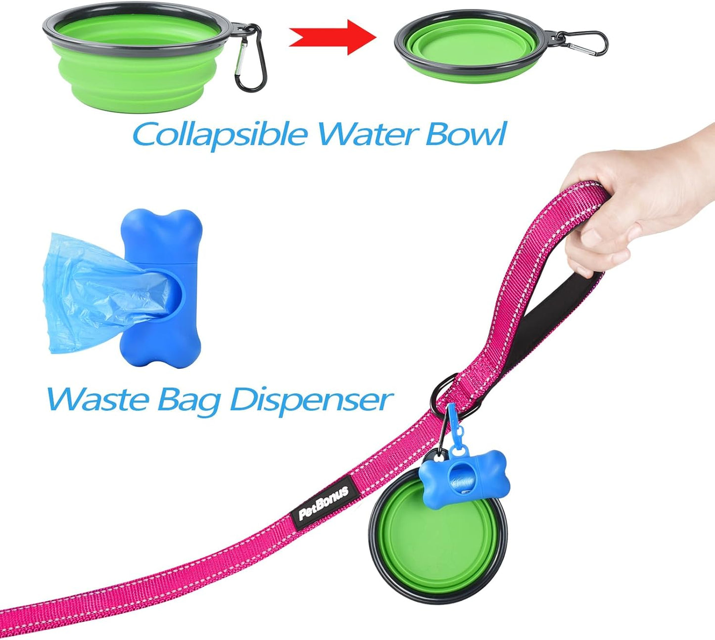 Double Dog Leash, No Tangle Dual Leash, Reflective Walking Training Lead, 4 Comfortable Padded Handles for 2 Dogs with Collapsible Bowl and Waste Bags (Pink, Large)