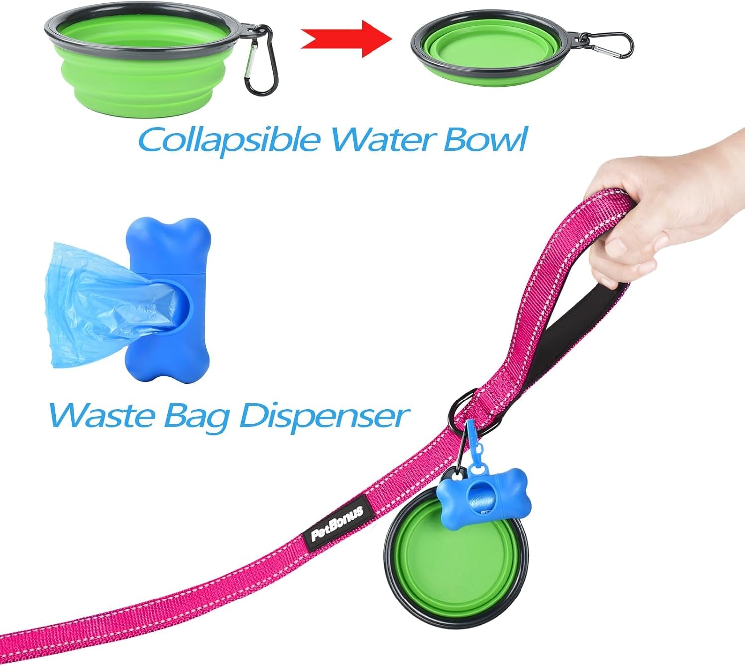 Double Dog Leash, No Tangle Dual Leash, Reflective Walking Training Lead, 4 Comfortable Padded Handles for 2 Dogs with Collapsible Bowl and Waste Bags (Pink, Large)