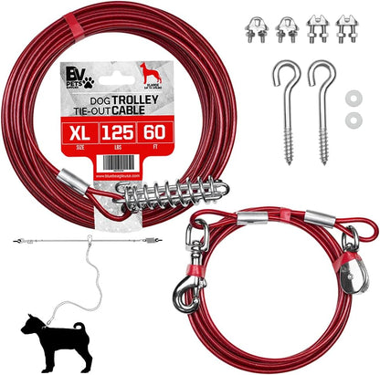 Dog Tie Out Trolley System for Yard - 60Ft Dog Run Cable with 10Ft Pulley Runner Lead - Heavy Duty Reflective Cable for Dogs up to 125 Lbs, Rust-Resistant & Tangle-Free Outdoor Runner