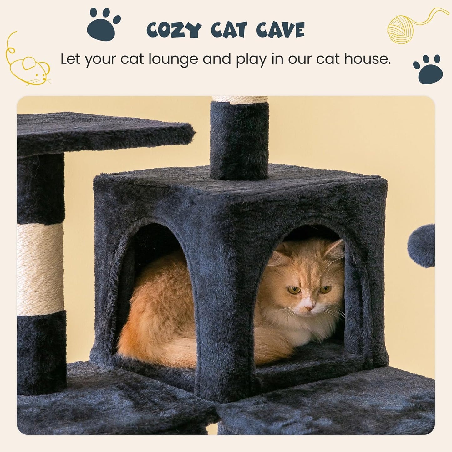 63.8 Inches Multi-Level Cat Tree for Large Cats with Sisal-Covered Scratching Posts, Padded Platform, Hammock and Condo,Stable Cat Tower Cat Condo Pet Play House-Smoky Gray