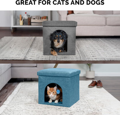 Pet House for Indoor Cats & Small Dogs, Collapsible & Foldable W/ Plush Ball Toy - Living Room Footstool Cat Condo - Ocean Blue, Small