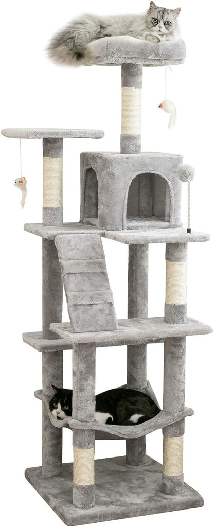 63.8 Inches Multi-Level Cat Tree for Large Cats with Sisal-Covered Scratching Posts, Padded Platform, Hammock and Condo,Stable Cat Tower Cat Condo Pet Play House-Light Gray