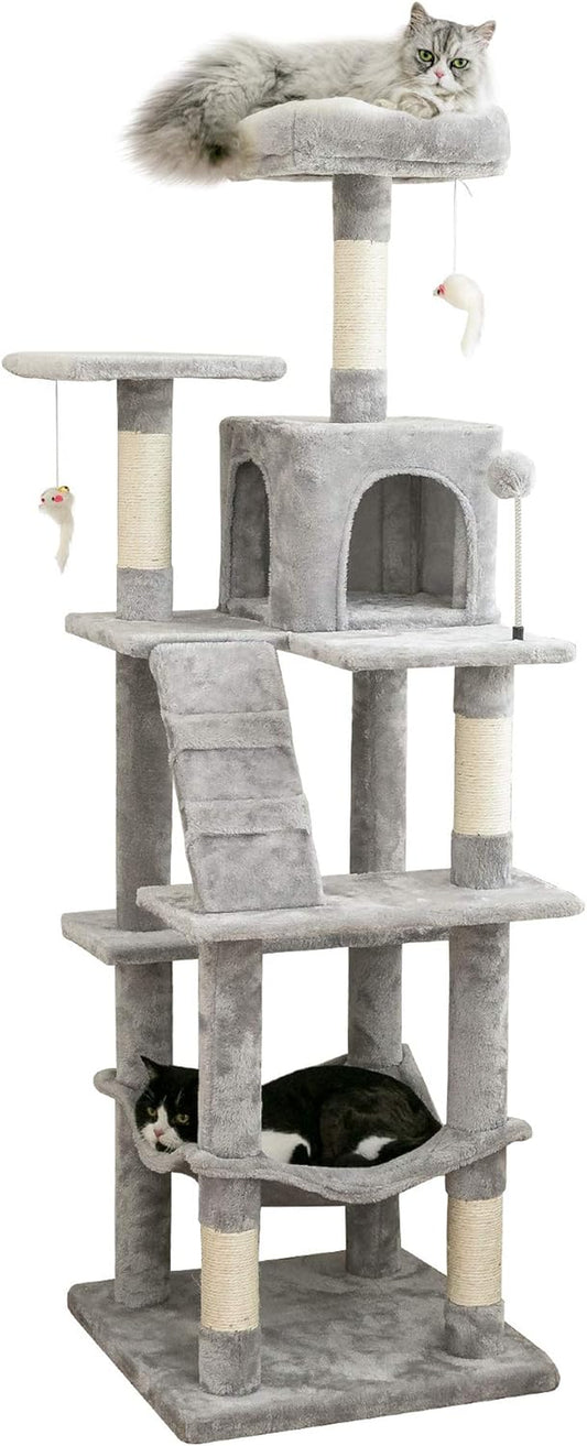63.8 Inches Multi-Level Cat Tree for Large Cats with Sisal-Covered Scratching Posts, Padded Platform, Hammock and Condo,Stable Cat Tower Cat Condo Pet Play House-Light Gray