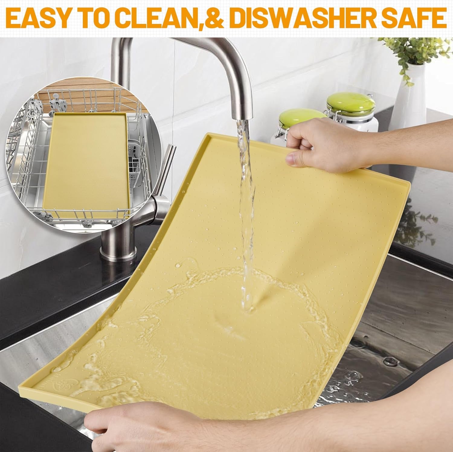 Dog Feeding Mat,100% Waterproof Food Grade Silicone Pet Food and Water Bowl Placemat,Dishwasher, High Raised Edge to Prevent Spills,Nonslip Tray to Stop Messes on Floor (24"X16"X0.5", Yellow)
