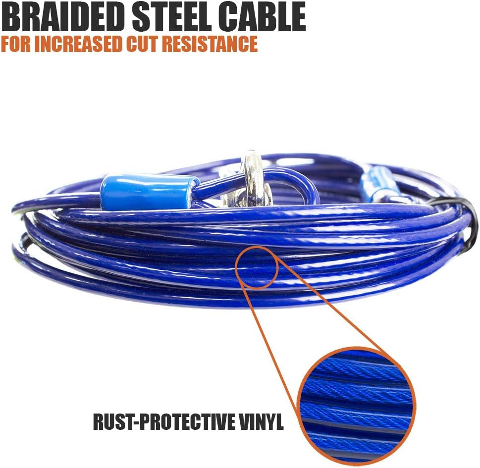 Dog Tie Out Cable 15 Feet - Heavy Duty Dog Lead up to 60 Pounds - Reflective & Rust-Free with Quick Release Swivel Clips & 360° Rotating Clasp - Tangle-Free Dogs Runner for Yard (Blue, Single)