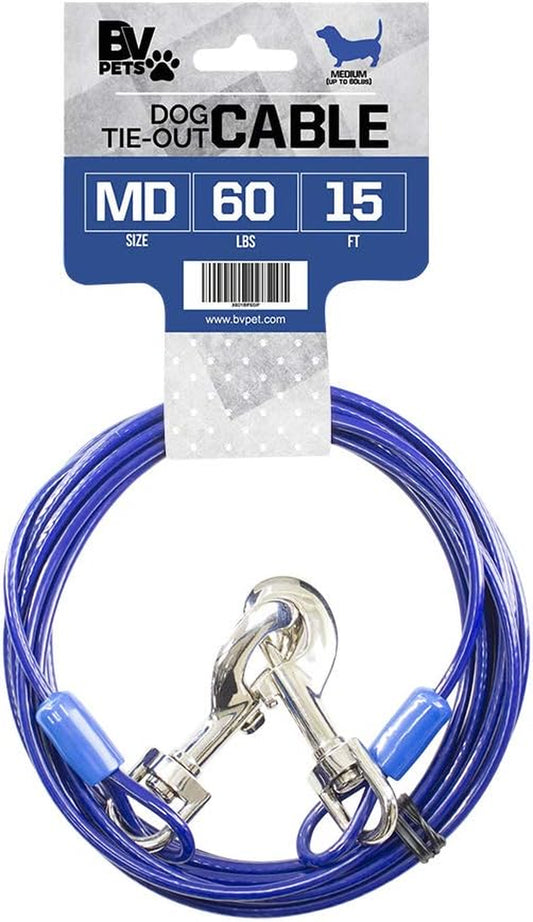 Dog Tie Out Cable 15 Feet - Heavy Duty Dog Lead up to 60 Pounds - Reflective & Rust-Free with Quick Release Swivel Clips & 360° Rotating Clasp - Tangle-Free Dogs Runner for Yard (Blue, Single)