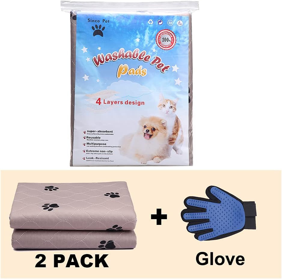 Washable Dog Pee Pads with Puppy Grooming Gloves,Puppy Pads,Reusable Pet Training Pads,Large ,Waterproof Pet Pads for Dog Bed Mat,Super Absorbing Whelping Pads,48X48 Inch (Pack of 2)