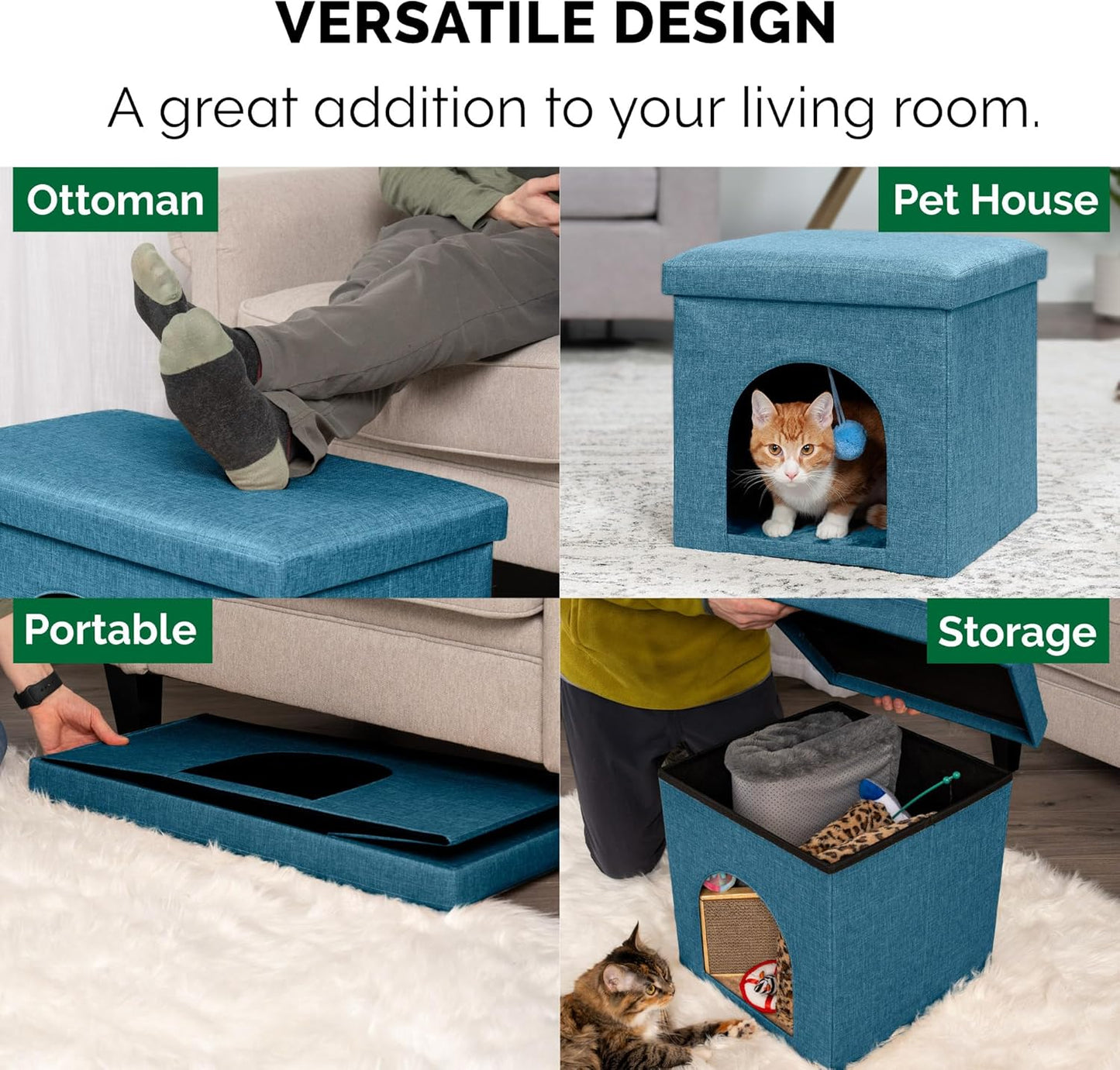 Pet House for Indoor Cats & Small Dogs, Collapsible & Foldable W/ Plush Ball Toy - Living Room Footstool Cat Condo - Ocean Blue, Small