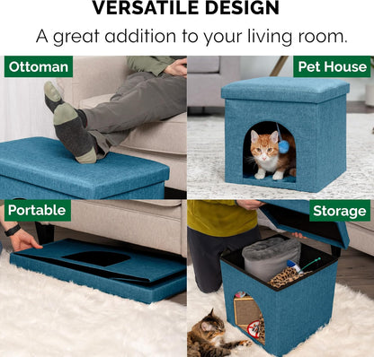 Pet House for Indoor Cats & Small Dogs, Collapsible & Foldable W/ Plush Ball Toy - Living Room Footstool Cat Condo - Ocean Blue, Small