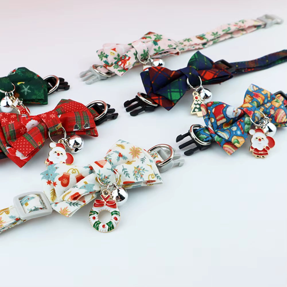 Christmas Cat Collar Breakaway with Bell Bow Tie 1 Pack Nylon Adjustable Kitten Collars Holiday Outfit Dressing up Necklace