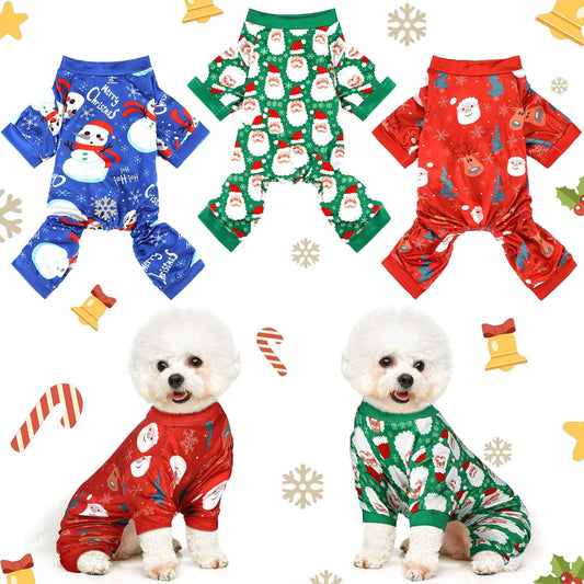 3 Pieces Christmas Dog Pajamas Dog Jumpsuit Santa Snowman Pet Clothes Christmas Pet Pajamas Holiday Costume Jumpsuit for Puppy Cat(Classic Pattern,L (Fit 7.7-9.9Lbs))