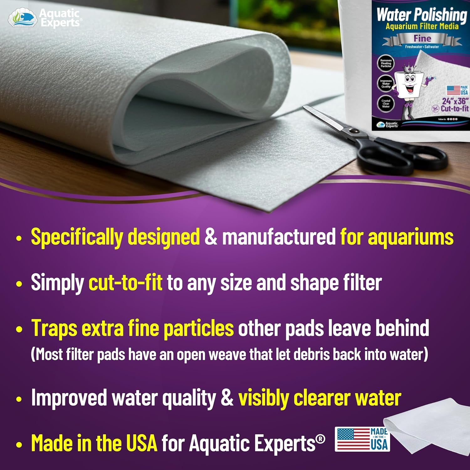 Aquarium Polishing Filter Pad, Water Polishing Pad for Aquarium Filters, Filter Floss for Fish Tank Filters, (50 Micron, 24" X 36" - 1 Pack)