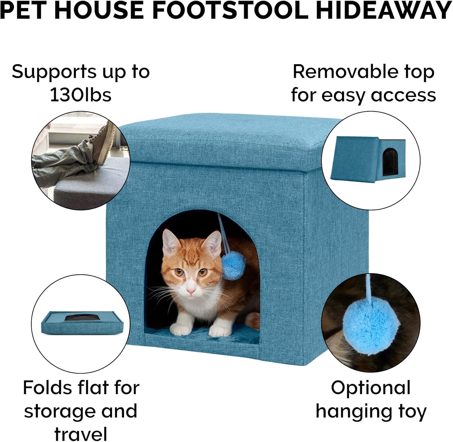 Pet House for Indoor Cats & Small Dogs, Collapsible & Foldable W/ Plush Ball Toy - Living Room Footstool Cat Condo - Ocean Blue, Small