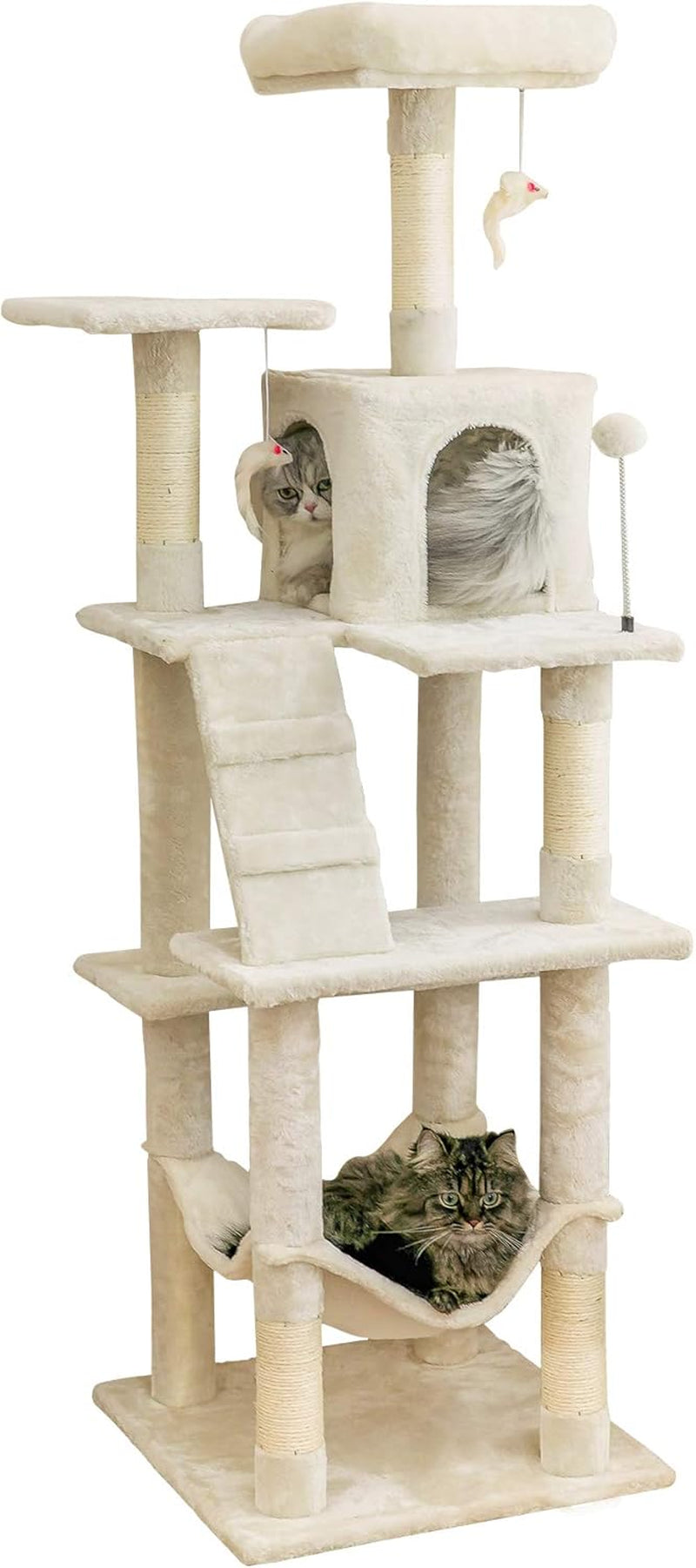 63.8 Inches Multi-Level Cat Tree for Large Cats with Sisal-Covered Scratching Posts, Padded Platform, Hammock and Condo,Stable Cat Tower Cat Condo Pet Play House-Beige