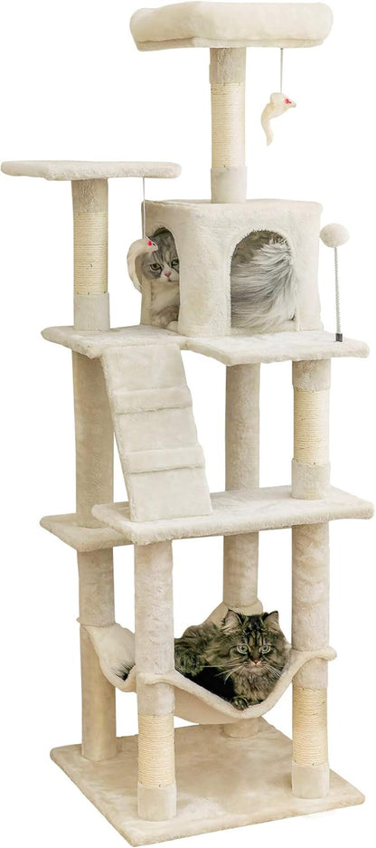 63.8 Inches Multi-Level Cat Tree for Large Cats with Sisal-Covered Scratching Posts, Padded Platform, Hammock and Condo,Stable Cat Tower Cat Condo Pet Play House-Beige