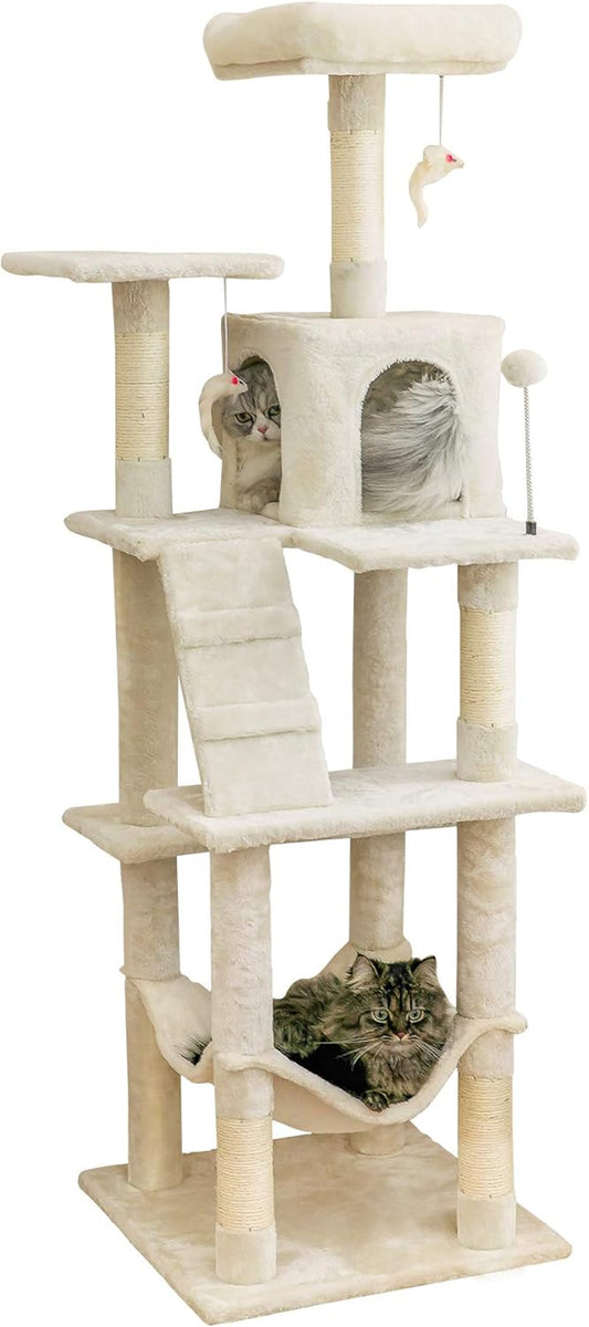 63.8 Inches Multi-Level Cat Tree for Large Cats with Sisal-Covered Scratching Posts, Padded Platform, Hammock and Condo,Stable Cat Tower Cat Condo Pet Play House-Beige