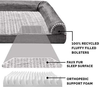 Orthopedic Dog Bed for Large/Medium Dogs W/ Removable Bolsters & Washable Cover, for Dogs up to 55 Lbs - Luxe Faux Fur & Performance Linen Sofa - Charcoal, Large