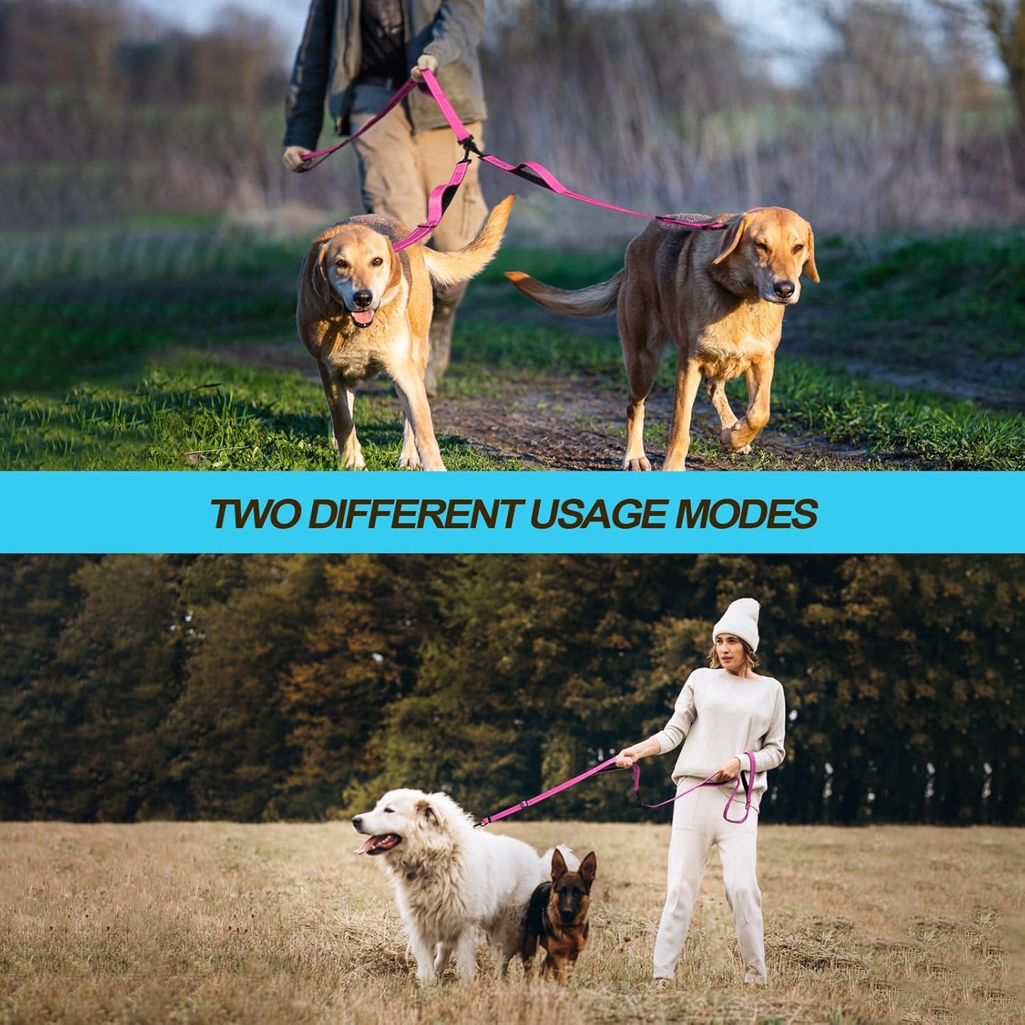 Double Dog Leash, No Tangle Dual Leash, Reflective Walking Training Lead, 4 Comfortable Padded Handles for 2 Dogs with Collapsible Bowl and Waste Bags (Pink, Large)