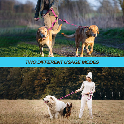 Double Dog Leash, No Tangle Dual Leash, Reflective Walking Training Lead, 4 Comfortable Padded Handles for 2 Dogs with Collapsible Bowl and Waste Bags (Pink, Large)