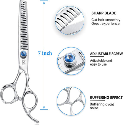 7 Inch 21-Teeth Chunkers Shears for Dogs, Ergonomic Cats Grooming Texturizing Blending Thinning Shears Pets Trimming Kit with Offset Handle, Sharp, Comfortable Shear