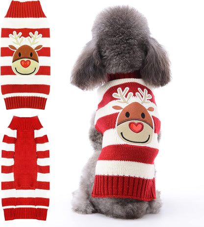 Dog Christmas Sweater Cute Reindeer Stripped Cat Ugly Xmas Outfit Holiday Puppy Costumes Fall Winter Knitted Pet Clothes for Small Medium Large Dogs Cats(S,Red)