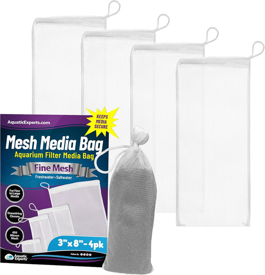 Fine Aquarium Media Bag, Durable Drawstring Bags for Fish Tank Filters, 450 Micron Mesh, (Fine, 3"X 8" - 4 Pack)