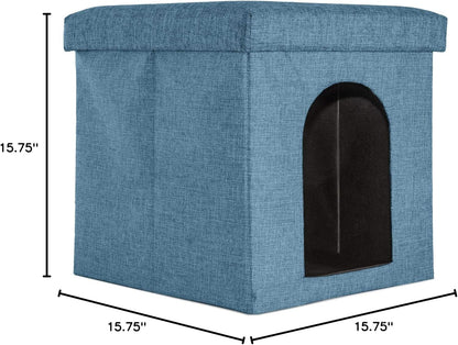Pet House for Indoor Cats & Small Dogs, Collapsible & Foldable W/ Plush Ball Toy - Living Room Footstool Cat Condo - Ocean Blue, Small