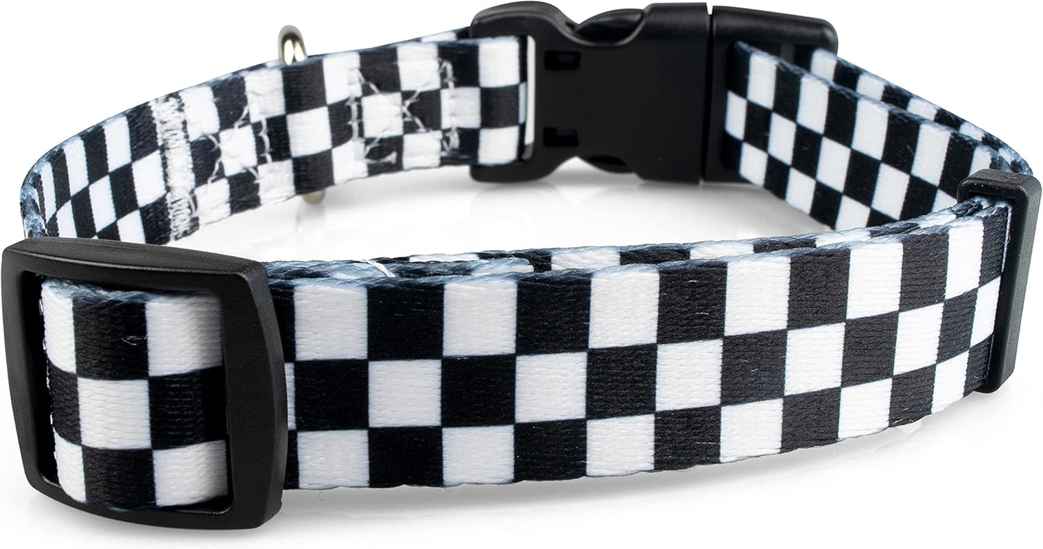 Checkered Pattern Dog Collar in Black & White - Adjustable Dog Collar for Boy and Girl Dogs with Quick Release Buckle by , Medium