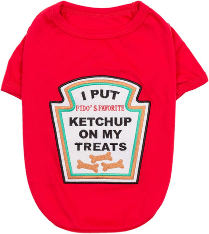 Dog Shirt - Embroidered “I Put Ketchup on My Treats“ - 100% Cotton and Polyester Dog Clothes - Sleeved, Lightweight Costume for Dogs - Red Shirts for Small Dogs - Pet Costumes - S
