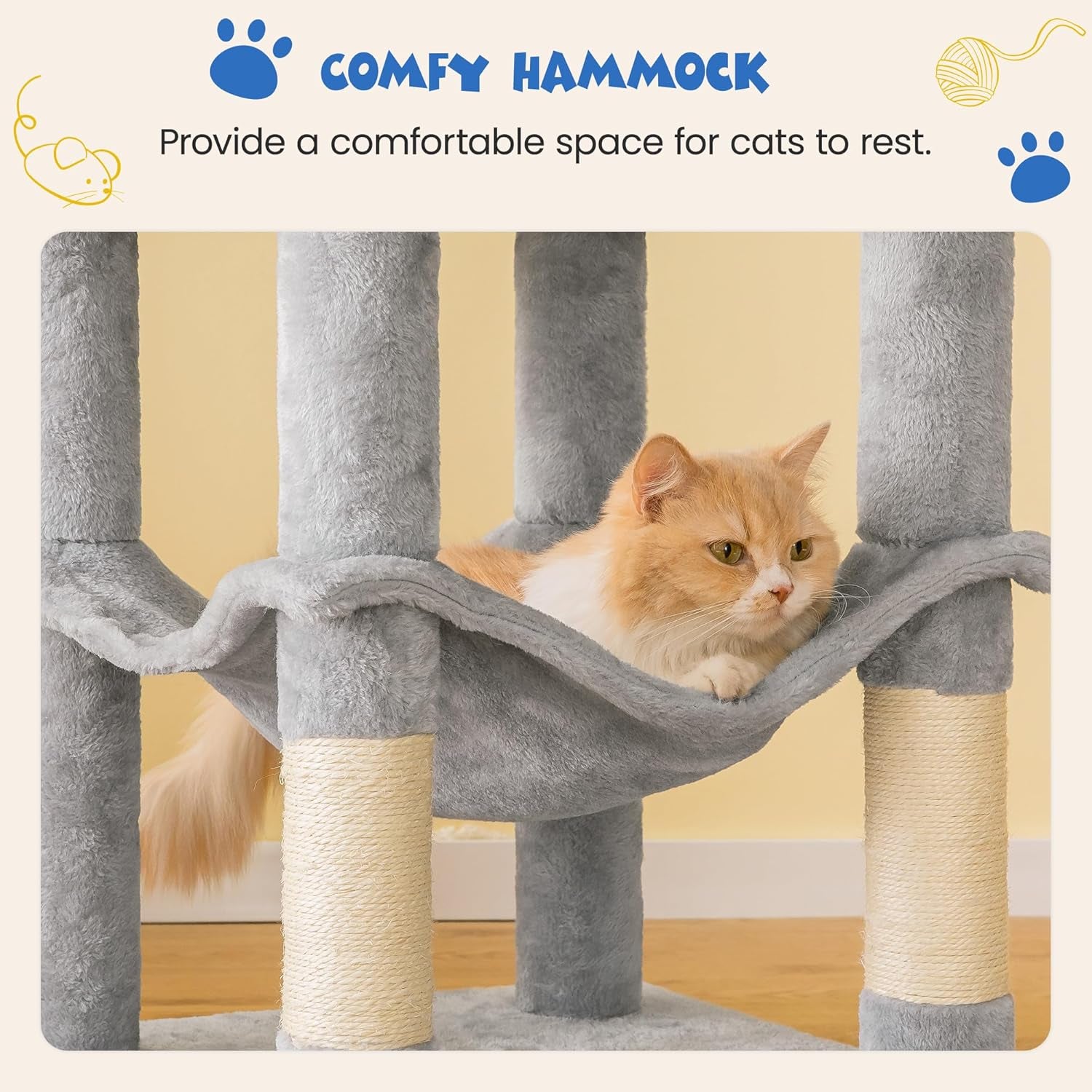 63.8 Inches Multi-Level Cat Tree for Large Cats with Sisal-Covered Scratching Posts, Padded Platform, Hammock and Condo,Stable Cat Tower Cat Condo Pet Play House-Light Gray