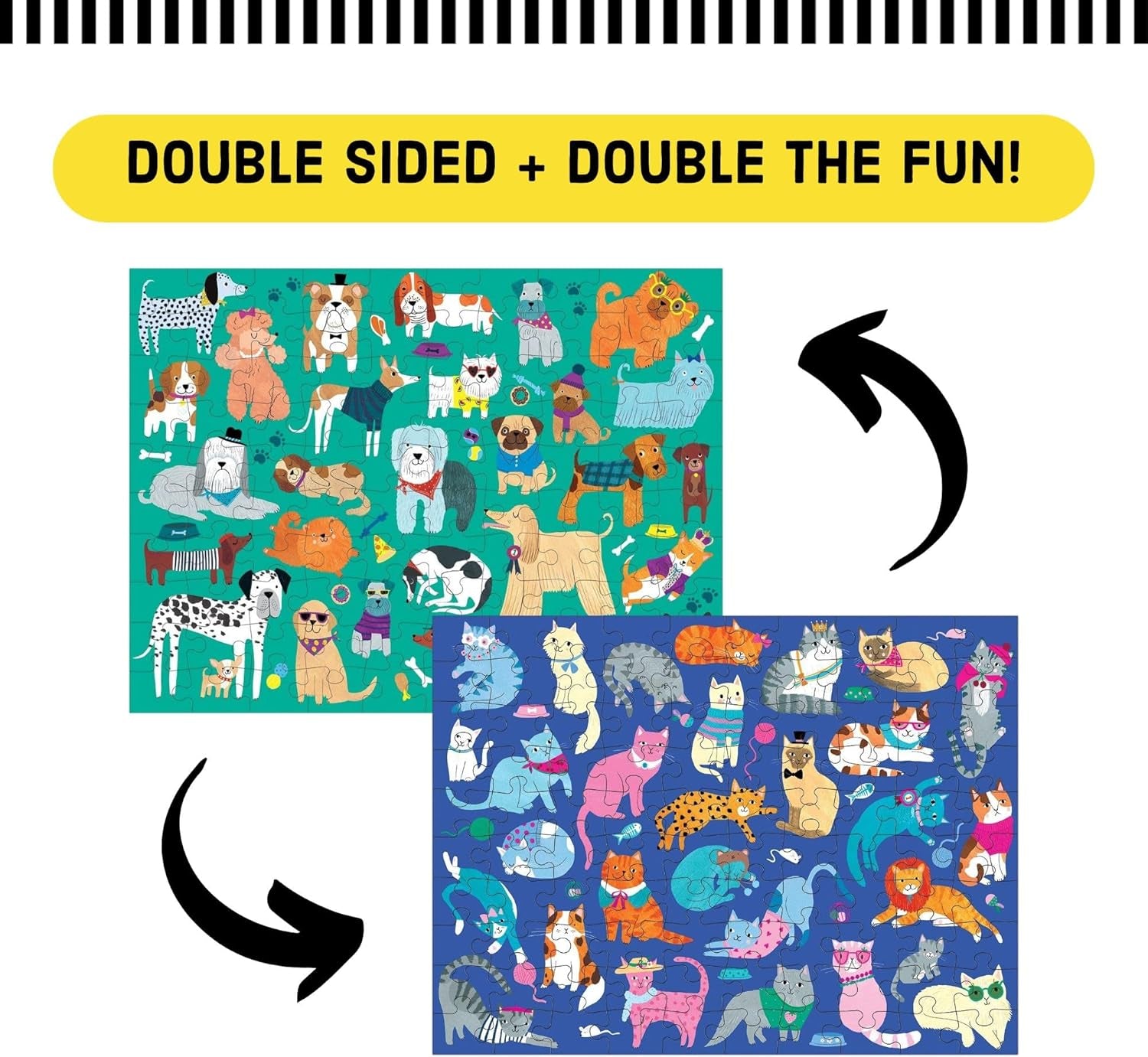 Cats and Dogs Double-Sided Puzzle, 100 Pieces, 22”X16.5” – Perfect Family Puzzle for Ages 6+ - Colorful Illustrations of Dogs on One Side and Cats on the Other – Two Fun Puzzles in One Box