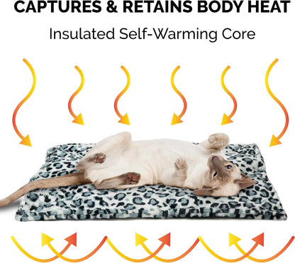 Thermanap Self-Warming Cat Bed for Indoor Cats & Small Dogs, Washable & Reflects Body Heat - Quilted Faux Fur Reflective Bed Mat - Snow Leopard, Small