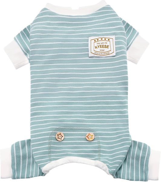 Dog Pajamas Stretchable 4 Legs Doggie Jammies Striped Dog PJS Jumpsuit Lightweight Onesie Puppy Pajamas Soft Breathable Cozy Pet Outfit PJS Comfortable Sleepwear, Green Striped, X-Small