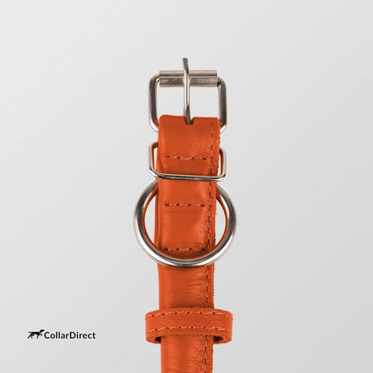Rolled Leather Dog Collar, Soft Padded round Puppy Collar, Handmade Genuine Leather Collar Dog Small Large Cat Collars 13 Colors (8-11 Inch, Orange Textured)