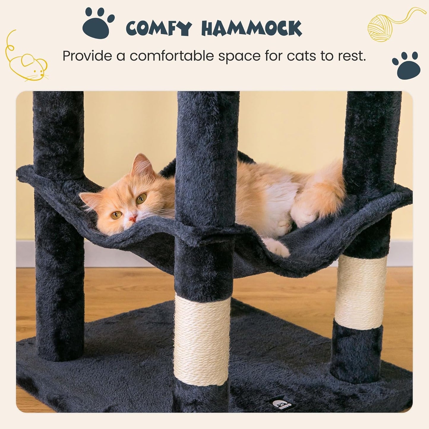 63.8 Inches Multi-Level Cat Tree for Large Cats with Sisal-Covered Scratching Posts, Padded Platform, Hammock and Condo,Stable Cat Tower Cat Condo Pet Play House-Smoky Gray
