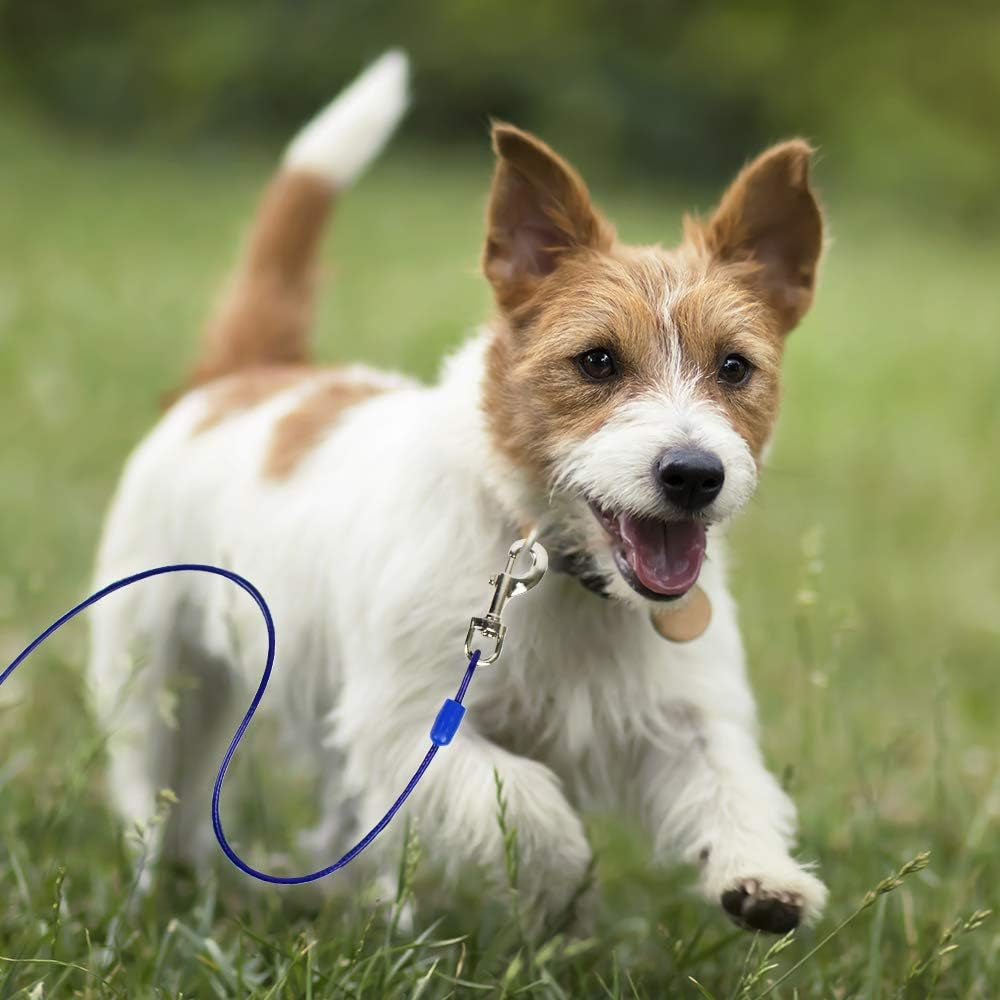 Dog Tie Out Cable 15 Feet - Heavy Duty Dog Lead up to 60 Pounds - Reflective & Rust-Free with Quick Release Swivel Clips & 360° Rotating Clasp - Tangle-Free Dogs Runner for Yard (Blue, Single)