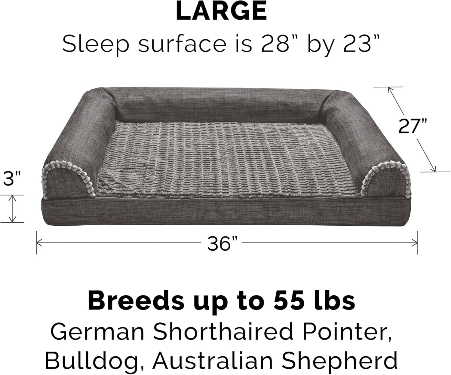 Cooling Gel Dog Bed for Large/Medium Dogs W/ Removable Bolsters & Washable Cover, for Dogs up to 55 Lbs - Luxe Faux Fur & Performance Linen Sofa - Charcoal, Large