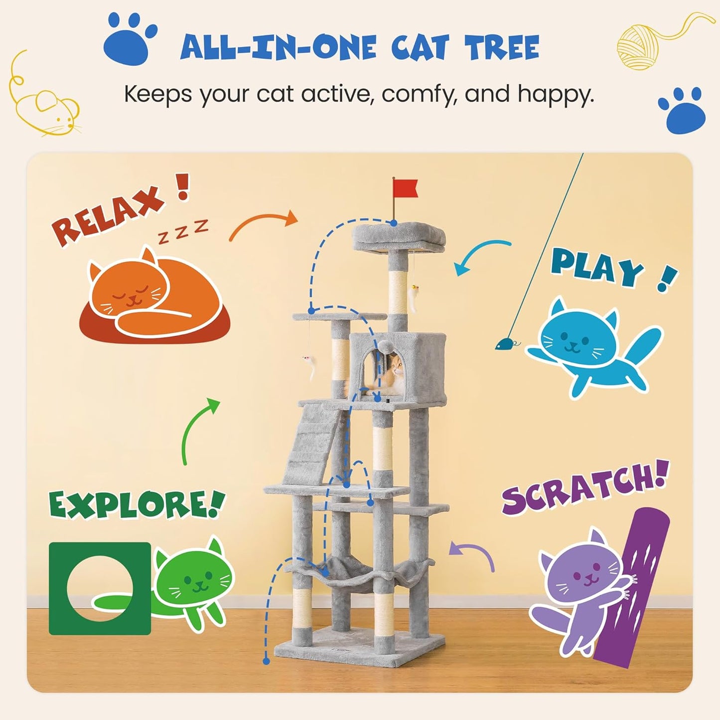 63.8 Inches Multi-Level Cat Tree for Large Cats with Sisal-Covered Scratching Posts, Padded Platform, Hammock and Condo,Stable Cat Tower Cat Condo Pet Play House-Light Gray