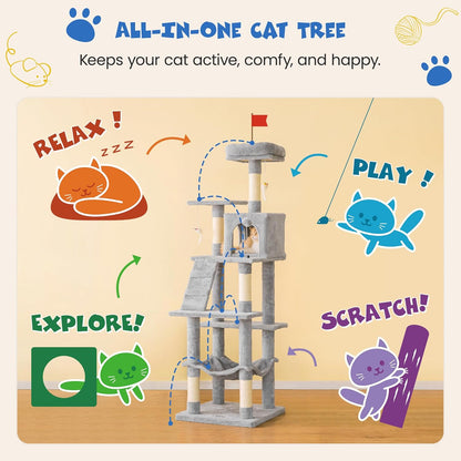 63.8 Inches Multi-Level Cat Tree for Large Cats with Sisal-Covered Scratching Posts, Padded Platform, Hammock and Condo,Stable Cat Tower Cat Condo Pet Play House-Light Gray