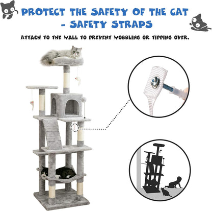 63.8 Inches Multi-Level Cat Tree for Large Cats with Sisal-Covered Scratching Posts, Padded Platform, Hammock and Condo,Stable Cat Tower Cat Condo Pet Play House-Light Gray