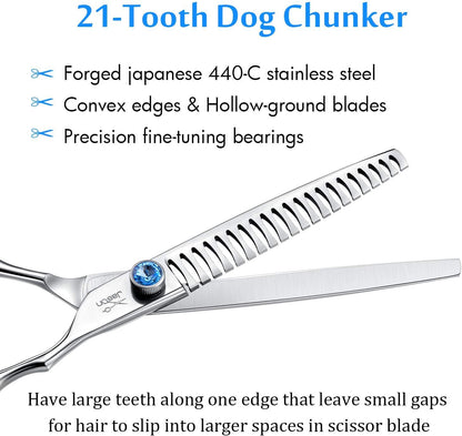 7 Inch 21-Teeth Chunkers Shears for Dogs, Ergonomic Cats Grooming Texturizing Blending Thinning Shears Pets Trimming Kit with Offset Handle, Sharp, Comfortable Shear