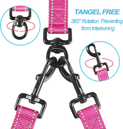 Double Dog Leash, No Tangle Dual Leash, Reflective Walking Training Lead, 4 Comfortable Padded Handles for 2 Dogs with Collapsible Bowl and Waste Bags (Pink, Large)