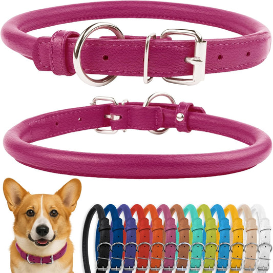 Rolled Leather Dog Collar, Soft Padded round Puppy Collar, Handmade Genuine Leather Collar Dog Small Large Cat Collars 13 Colors (13-16 Inch, Pink Textured)