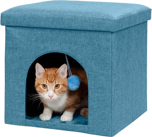 Pet House for Indoor Cats & Small Dogs, Collapsible & Foldable W/ Plush Ball Toy - Living Room Footstool Cat Condo - Ocean Blue, Small