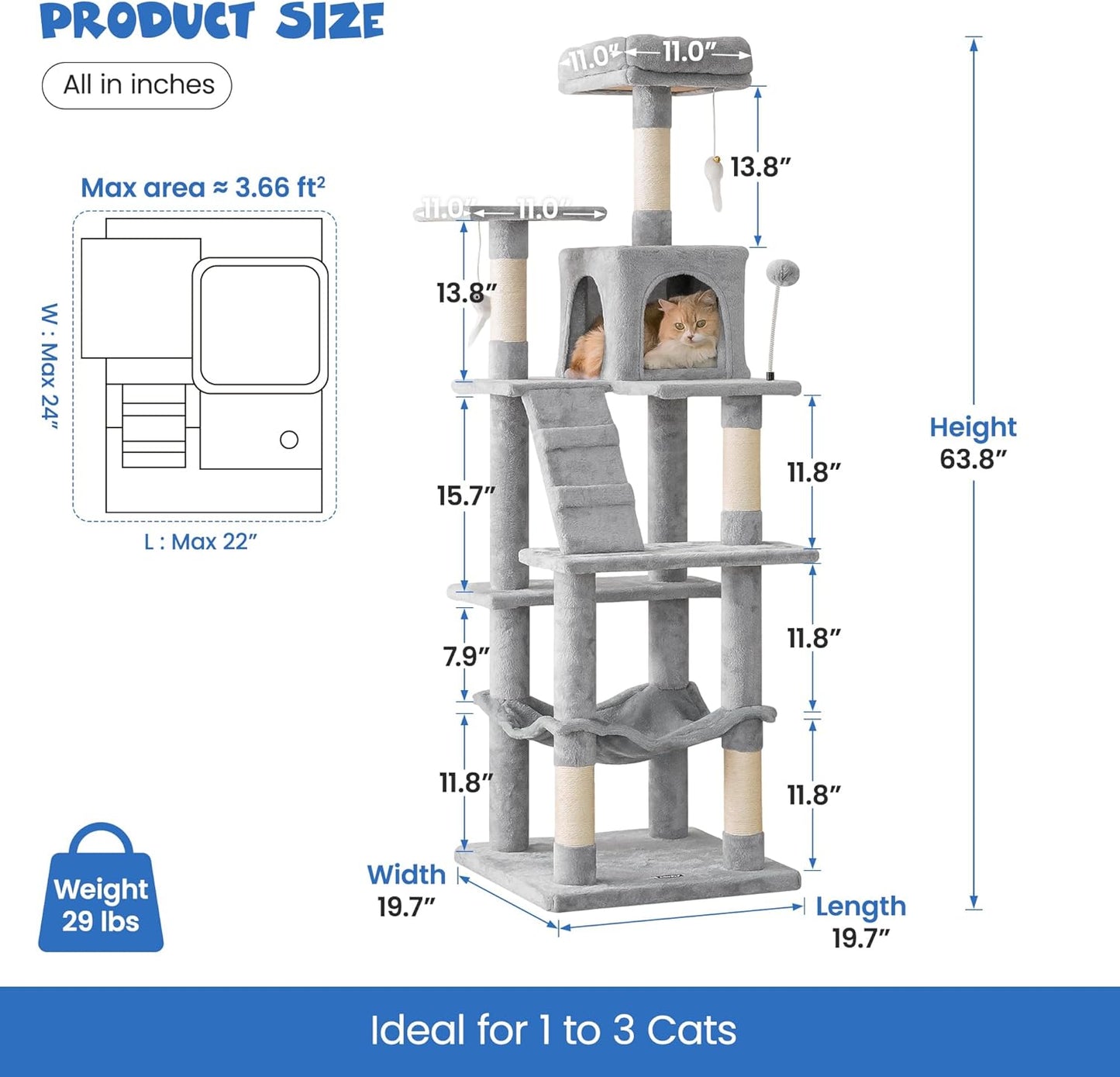 63.8 Inches Multi-Level Cat Tree for Large Cats with Sisal-Covered Scratching Posts, Padded Platform, Hammock and Condo,Stable Cat Tower Cat Condo Pet Play House-Light Gray