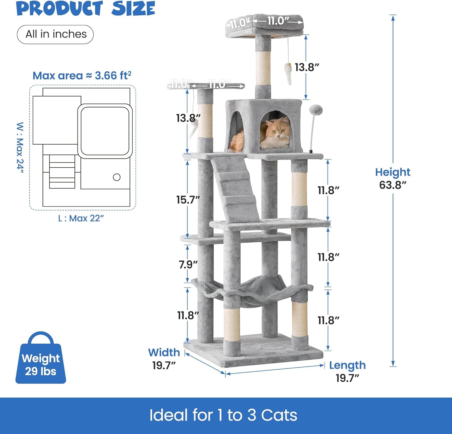 63.8 Inches Multi-Level Cat Tree for Large Cats with Sisal-Covered Scratching Posts, Padded Platform, Hammock and Condo,Stable Cat Tower Cat Condo Pet Play House-Light Gray